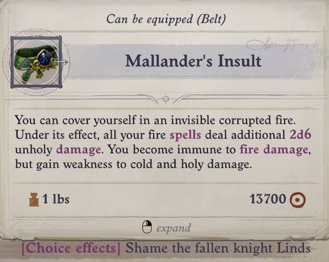 fallen knight belt mallander's insult