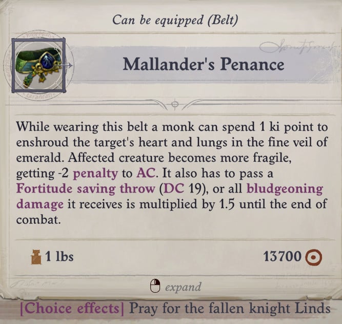 fallen knight belt mallander's penance