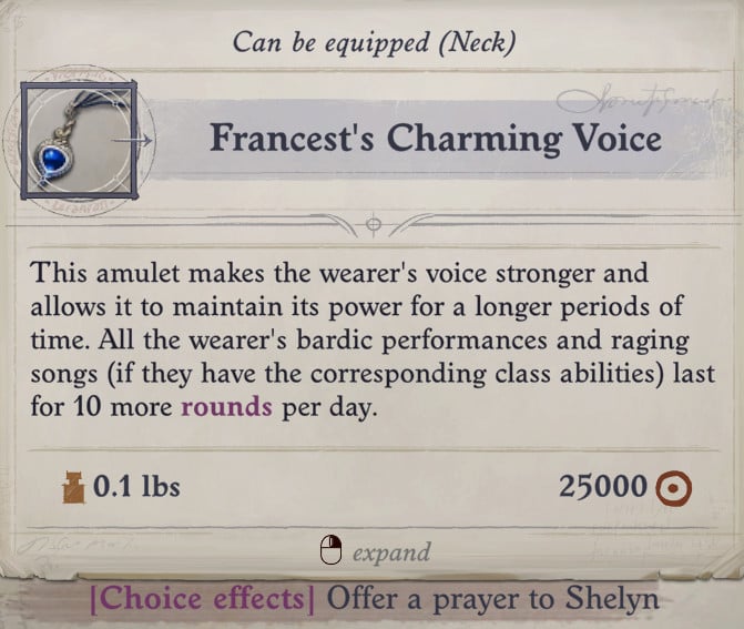 voice of the cursed bard amulet francest's charming voice